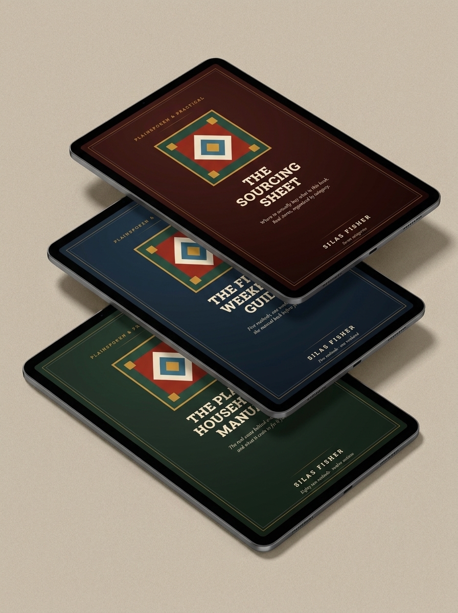 The Plain Household Manual shown with the two free guides, The First Weekend Guide and The Sourcing Sheet, on tablet screens