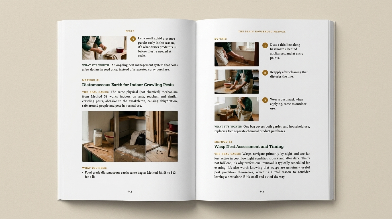 An open two-page spread from The Plain Household Manual showing pest-control methods with photos, the real cause, numbered steps, and what it's worth