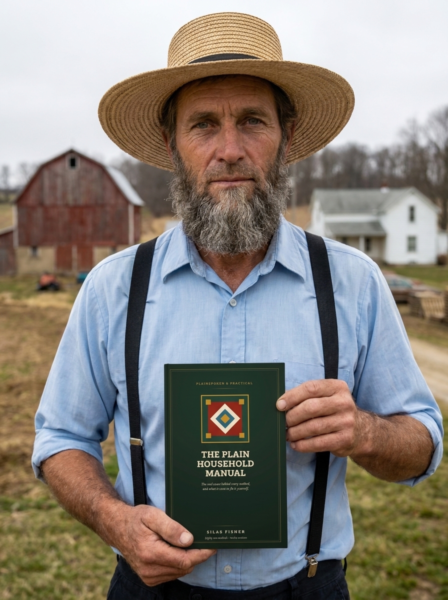 Silas Fisher in a straw hat and suspenders holding a copy of The Plain Household Manual at chest height, with his red barn and white farmhouse behind him